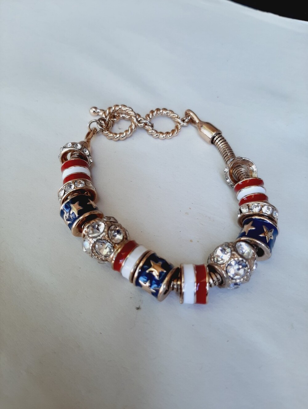 Patriotic Red White Blue Charm Bracelet with Crystal Accents